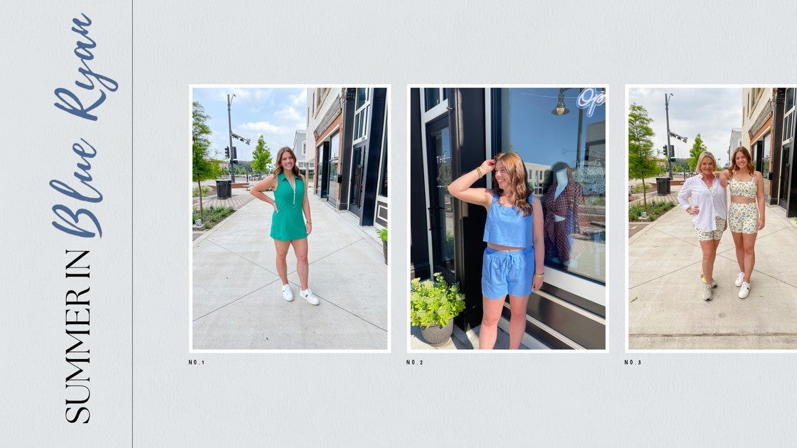 Cute summer style clothing shown on women standing on a sidewalk